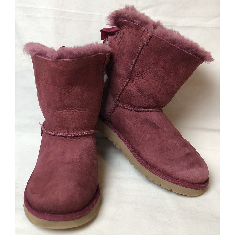 Uggs Ankle Boots Womens Sz 5 Purple Suede Shearling Lining Bow Accent Australia